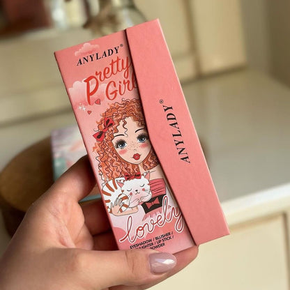Any Lady Pretty Girl Lovely Eyeshadow Blusher Highlighter Palette – All-in-One Makeup Kit in pink packaging with illustrated girl and cat design