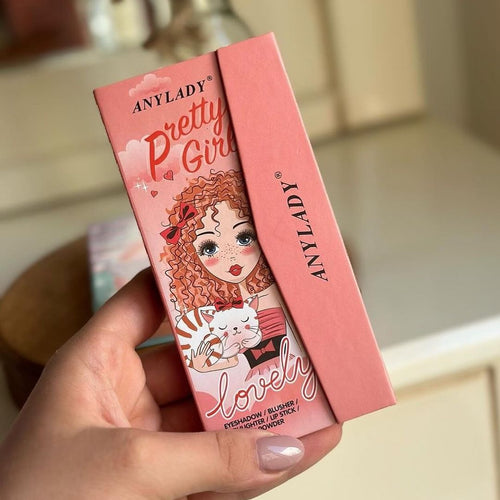 Any Lady Pretty Girl Lovely Eyeshadow Blusher Highlighter Palette – All-in-One Makeup Kit in pink packaging with illustrated girl and cat design