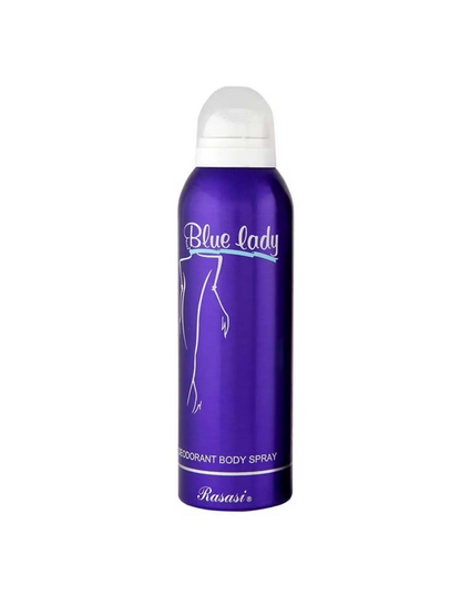 Rasasi Blue Lady Body Spray 200ml – Sensual Floral & Musky Long-Lasting Fragrance for Women (Original) in purple bottle