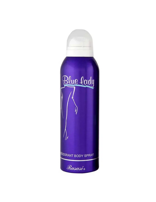 Rasasi Blue Lady Body Spray 200ml – Sensual Floral & Musky Long-Lasting Fragrance for Women (Original) in purple bottle
