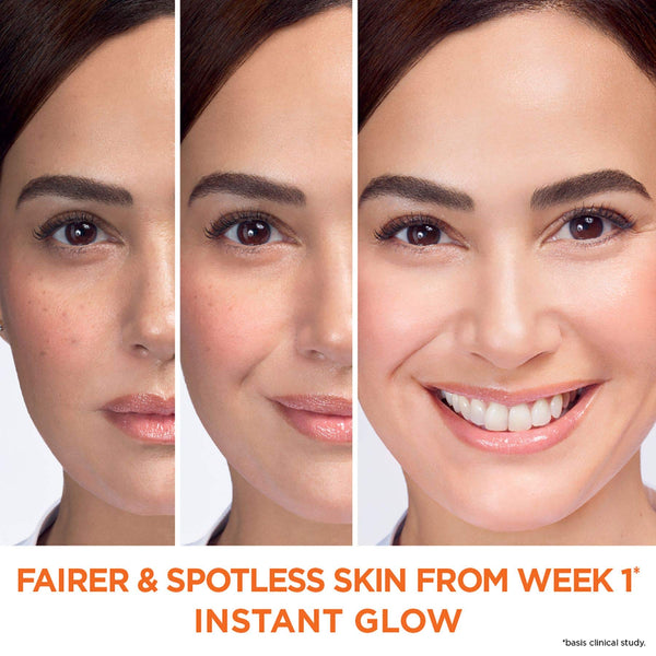 Pretty Cowry Nicotinamide Serum with Vitamin C – 30ml showing skin improvement from uneven to glowing and clear complexion.