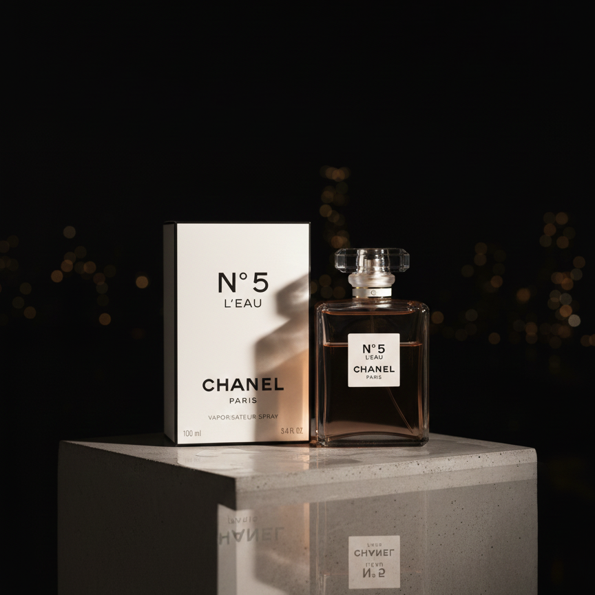 Chanel No. 5 L’Eau Eau de Toilette – Luminous & Modern Women’s Fragrance bottle and packaging on a reflective surface