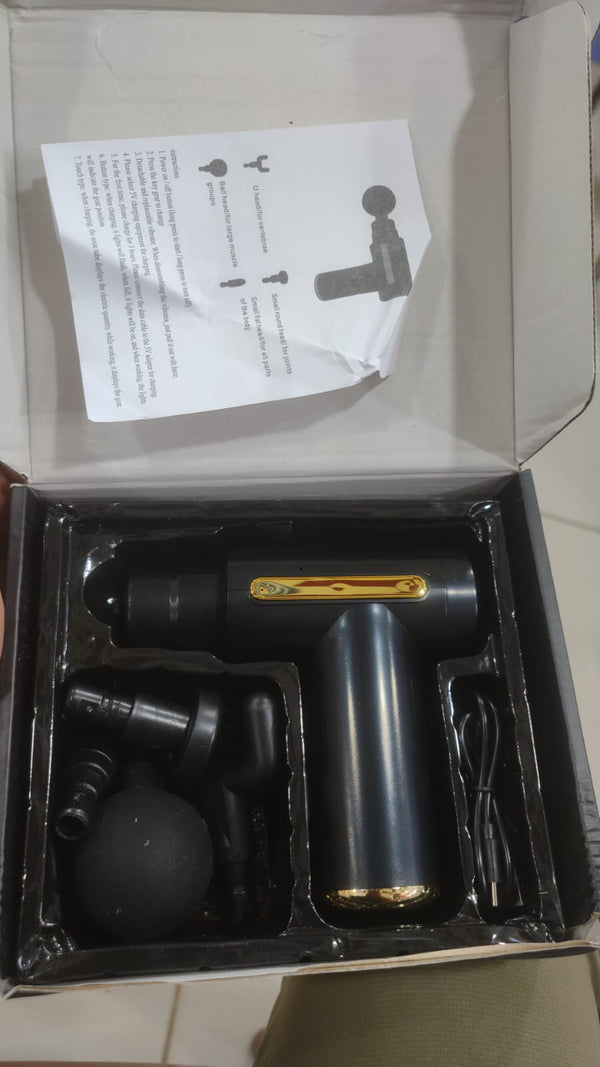 Professional Smart Percussion Massage Gun – High-Intensity Deep Tissue Muscle Massager with 4 Interchangeable Heads in black with accessories in box