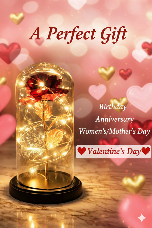 LED Rose Flower Light with Glass Dome – Romantic Valentine Gift & Home Décor (Random Design) shown glowing on table with hearts background