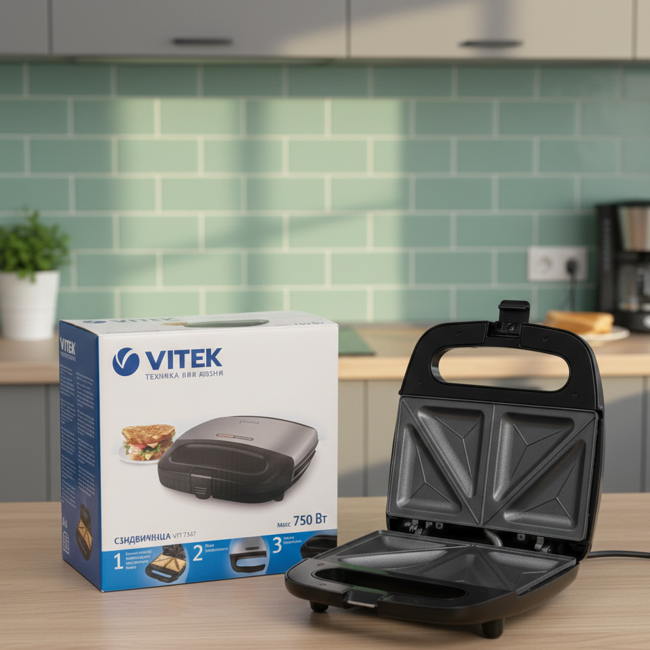 Vitek VT-7147 Sandwich Maker 750W – 4 Slice open with non-stick plates beside its retail box on kitchen counter.