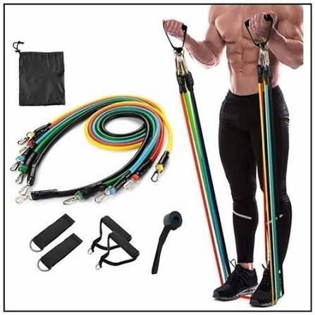 Man exercising with colorful 11pcs Resistance Bands Set with Handles and accessories including carrying pouch.