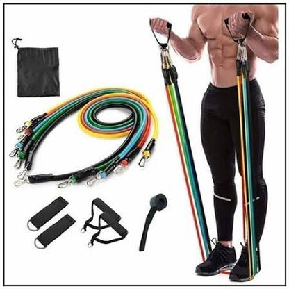 Man exercising with colorful 11pcs Resistance Bands Set with Handles and accessories including carrying pouch.