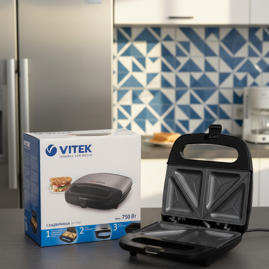 Vitek VT-7147 Sandwich Maker 750W – 4 Slice with non-stick plates and compact design on kitchen countertop