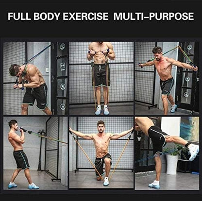 Man demonstrating different full body exercises using the 11pcs Resistance Bands Set with Handles in a gym setting
