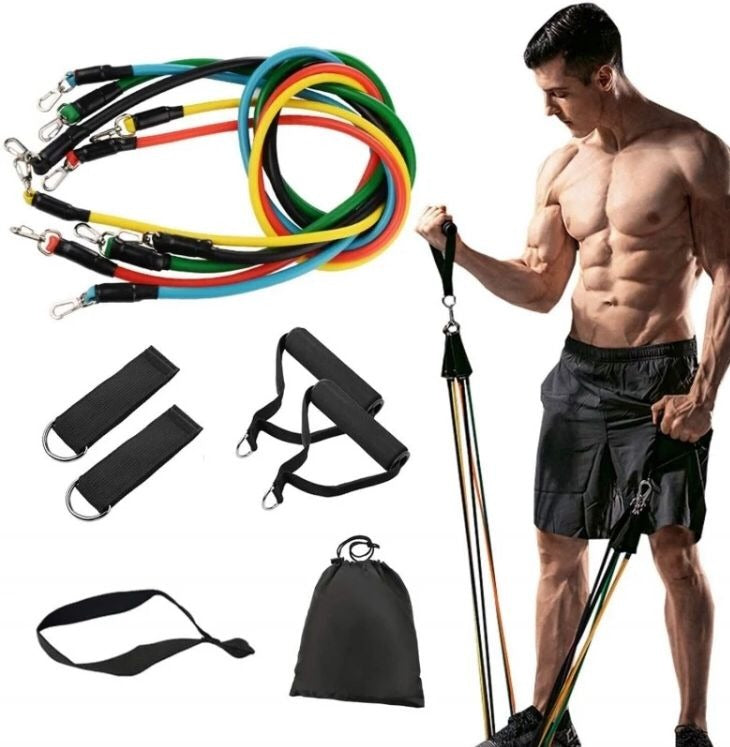 Man using 11pcs Resistance Bands Set with Handles showing colorful bands, handles, straps, and carry bag for workouts.