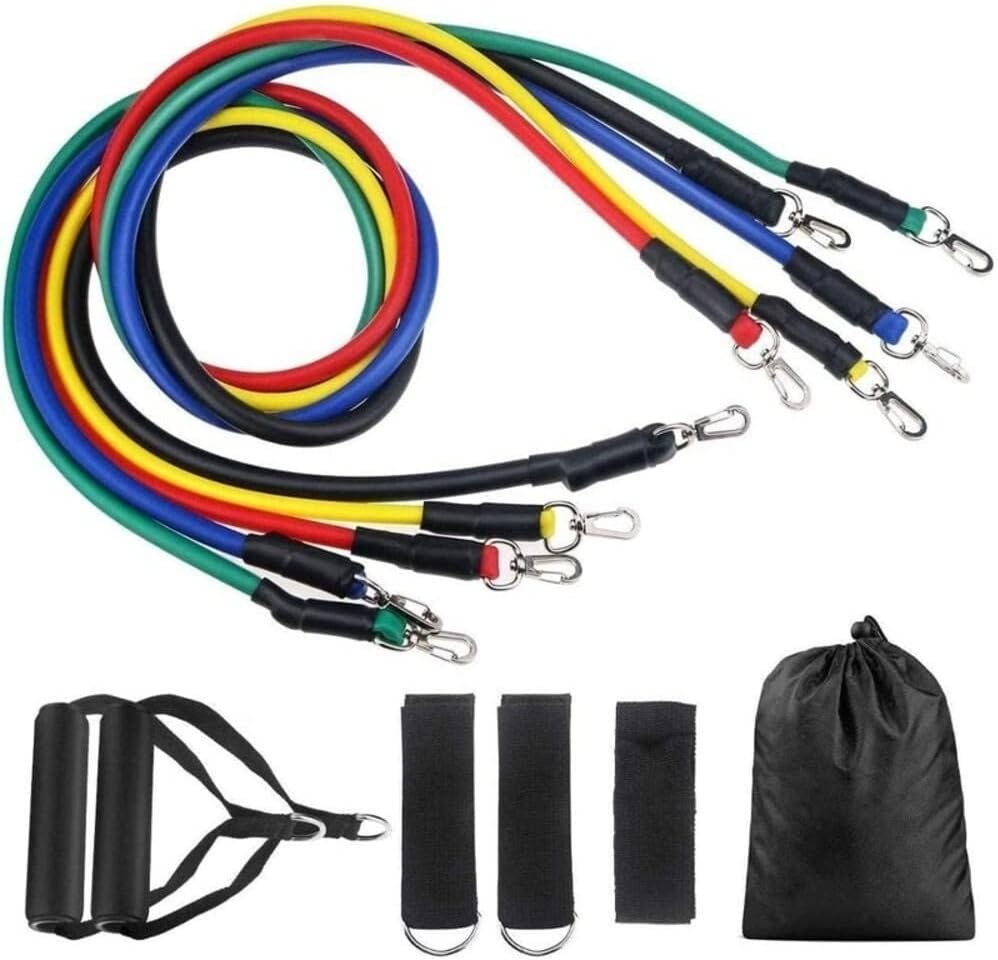 11pcs Resistance Bands Set with Handles including multicolor bands, handles, ankle straps, and a black storage bag