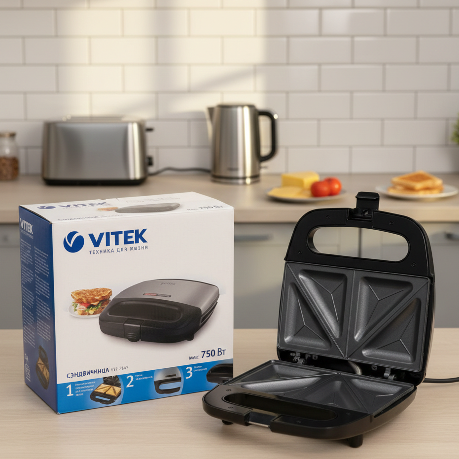 Vitek VT-7147 Sandwich Maker 750W – 4 Slice open with non-stick plates beside its box on kitchen counter