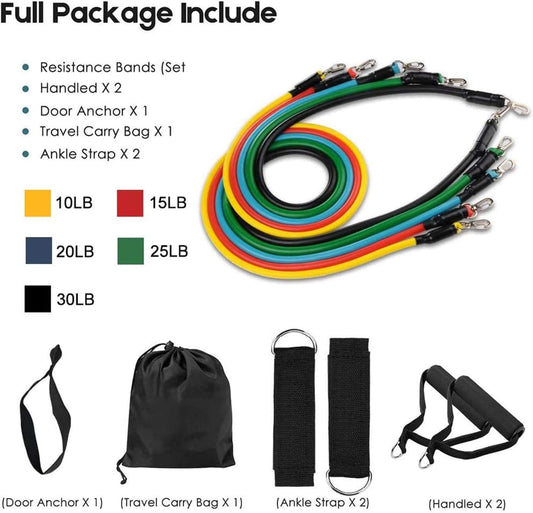 11pcs Resistance Bands Set with Handles including five color-coded bands, two handles, door anchor, carry bag, and ankle straps